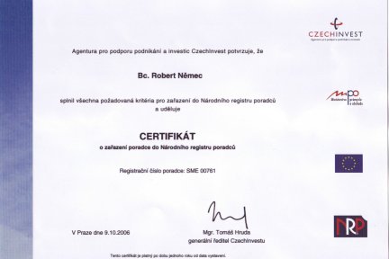 Certifikát o zařazení do Národního registru poradců