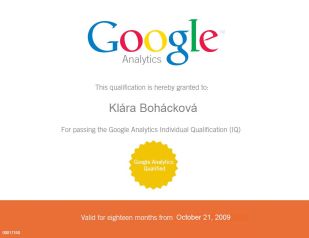Potvrzení o absolvování testu Google Analytics Individual Qualification pro Kláru Boháčkovou z RobertNemec.com
