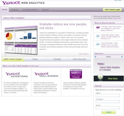 Hlavní stránka služby Yahoo! Web Analytics, která by měla nabízet lepší výsledky než Google Analytics.