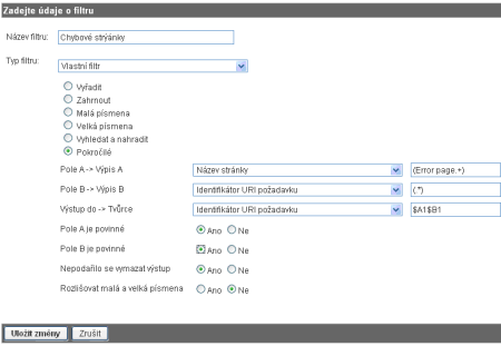 Ukázka nastavení filtru pro sledování chybových stránek v Google Analytics.