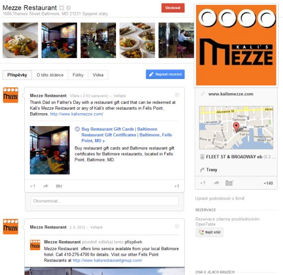 Hlavní stránka restaurace na Google+